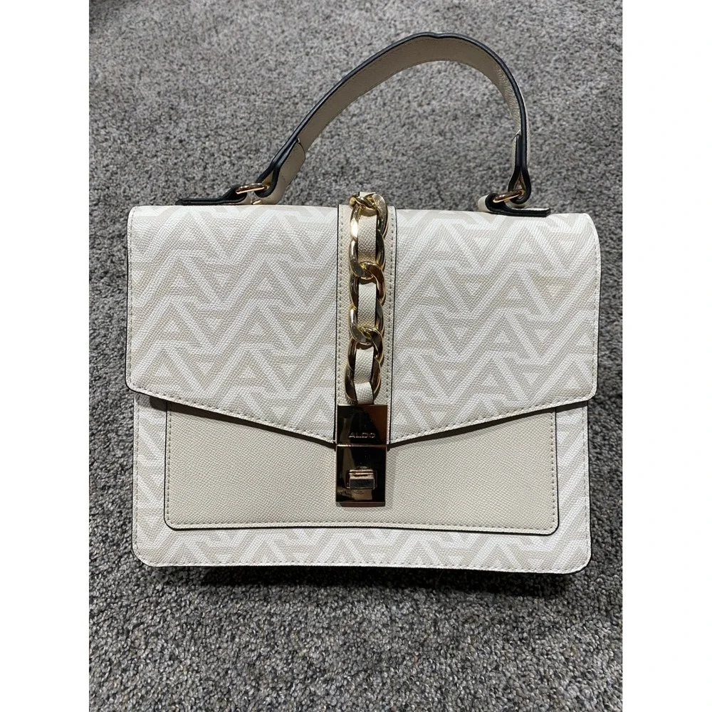Aldo Satchel Handbag Womens Medium Cream Good Monogram Chain Turn-Lock Bag